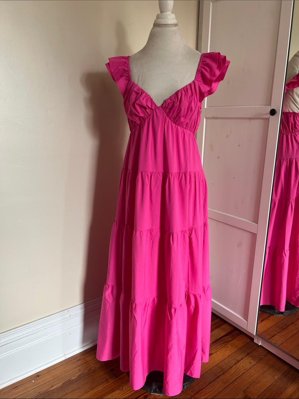 NWT Free The Roses Hot Pink Ruffle Sleeve Tiered Maxi Dress Sweetheart S